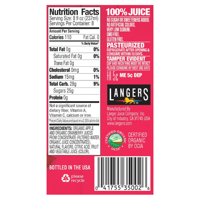 Langers Organic No Sugar Added Cranberry Juice